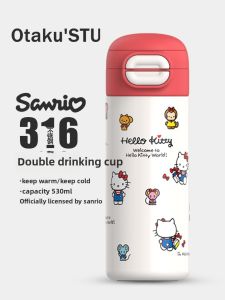 Hellokitty Cartoon Insulated Water Bottle Portable Straw Cup High Aesthetic Value for Girls Children Stainless Steel Inner Tank