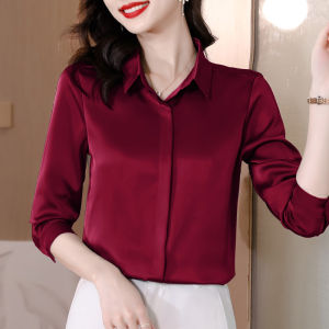 เสื้อเชิ้ตผู้หญิงผ้าซาตินระดับไฮเอนด์ แขนยาว ป้องกันริ้วรอย ไม่ต้องรีด เสื้อเชิ้ตผู้หญิงทำงานสไตล์วัยกลางคน แขนยาว ปกโปโล