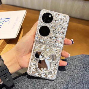 Diamond Encrusted Foldable Beauty Mirror Phone Case for Huawei Nova Flip Samsung ZFlip6 P50 Vivo XFlip OPPO Find N3 Anti-Fall