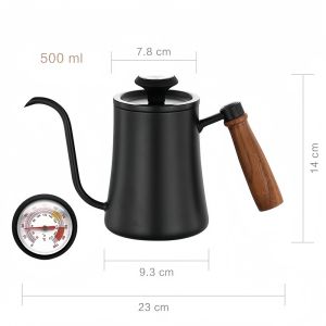 Bình Pha Cà Phê Thủ Công 500ML Có Nắp Và Nhiệt Kế Vảy Đo Rõ Ràng Bằng Thép Không Gỉ Tay Cầm Gỗ Chắc Chắn