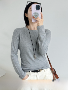 MiiOW | Áo thun nữ màu xám dài tay thường ngày mùa thu 2025 mới có eo quần áo công sở chất liệu lụa thường ngày áo thun