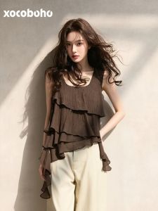 xocoboho | Elegant French Style Loose Irregular Sleeveless Brown Shirt