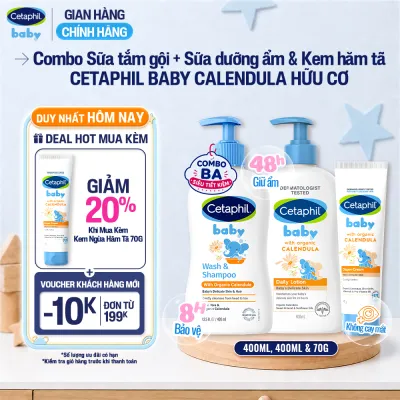Bộ Sữa tắm gội 400ML + Sữa dưỡng ẩm 400ML + Kem chống hăm tã 70G CETAPHIL BABY WITH ORGANIC CALENDULA