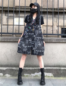 Fashionable V-Neck Denim Print Jumpsuit Straight Wide Leg Retro One-Piece Summer Design High Waist Short Pants Womens Jeans