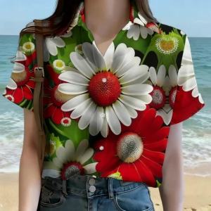 【จัดส่ง 1-3 วัน】2569 ผู้หญิงเสื้อลายดอกไม้ขนาดใหญ่เสื้อแขนสั้นเสื้อวันหยุดผู้หญิงเสื้อผ้าชายหาดหลวมเสื้อฮาวาย