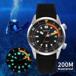 BERNY Mens Dive Watches 200M Waterproof Super Luminous Automatic Mechanical Diver Watch 42mm Sapphire Swim Diving Wristwatch
