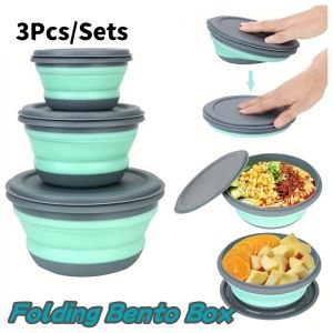 3pcs Foldable Silicone Bowl Portable with Lid Food Container Lunch Box Portable Picnic Camping Bowl Set Kitchen Tableware Kit