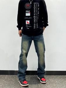 Retro Distressed Blue Denim Jeans Mens High Street Straight Leg Slimming Drapey Trendy Long Trousers Casual Loose Fit