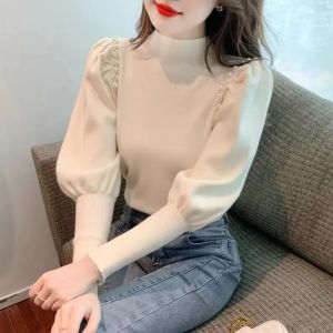 Slim Fitting Lantern Sleeve Sweater Inner Wear Half High Collar