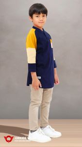 Baju koko Anak Kaos Kurta Laki-laki Muslim Usia 1 - 12 Tahun Kerah Mandarin Lengan 3/4 Mayna Navy
