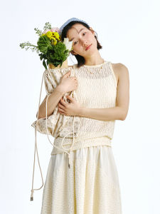 Swallow Deer Pattern Hollow out Lace Ribbed Vest Single Piece Beautiful Vacation Style Loose Fit Cotton Blend Vest