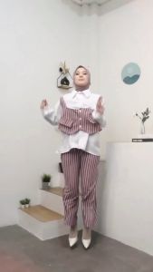 Adiva Oneset Setelan Wanita Terbaru Kombinasi Motif Salur Bahan Knit salur mix crinkle air flow