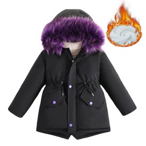 -20 °Girls Thicken Coats Children Warm Fur Collar Hooded Jackets Teen Plus Velvet Outerwear Winter Kids Padded Windproof Parkas