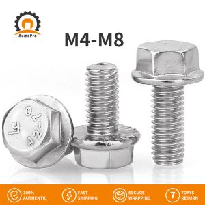 AumoPro 304 Stainless Steel External Hexagon Screw Anti-Loose Flange Bolt with Teeth 316 Flange Surface Screw M4M5M6M8