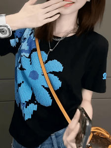 Summer New Womens Short Sleeve T-Shirt round Neck Thread Cotton Flower Print Fashionable Korean Style Slim Fit Commute Style