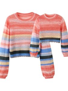 เสื้อสเวตเตอร์ลายทางแฟชั่นฤดูใบไม้ร่วง/ฤดูหนาวสำหรับคุณแม่และลูกชาย เสื้อผ้าทำงานแขนยาวผ้าฝ้ายผสม 100% สำหรับผู้หญิงวัย 18-24 ปี