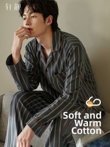 Cotton Long Sleeve New Style Casual Striped Open-Front Mens Pajamas
