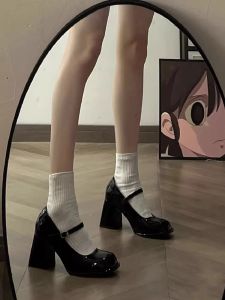 จริง หนัง Mary Janes ส้นหนา Chunky Sole สีดำ สายคล้อง รองเท้าส้นสูง แฟชั่นย้อนยุค สไตล์ฝรั่งเศส เดี่ยว สายคล้อง รองเท้าสําหรับหญิงสาว