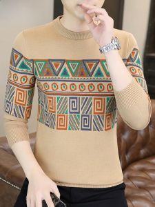 HENGYUANXIANG | Áo len dệt kim dày thời trang cổ tròn cho nam áo len pha trùm đầu thu đông thường ngày rộng rãi có chi tiết thêu hình học
