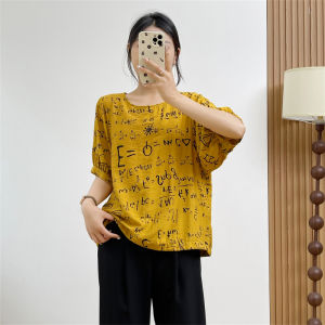 Sainag Womens Cotton Linen Blouse Short Sleeve Loose Fit Crewneck Summer Casual Retro Shirt with Print