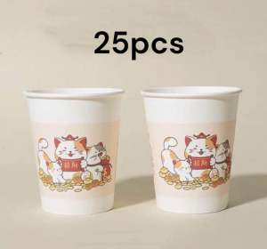 Party Dinner Drinking Cup 250ml Paper Disposable - 25pcs  - Colour Happy Prosperity Cat [PDC007]
