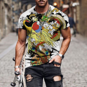 Animal Dragon Print Short Sleeves Fashion Silm Animal Dragon Pattern Print Short Sleeve