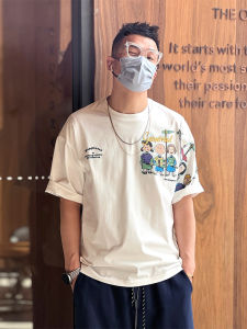 Retro Japanese Style Mens Loose Short Sleeve T-Shirt Heavy Embroidery Trendy Brand Cartoon Print Base Shirt Summer Top