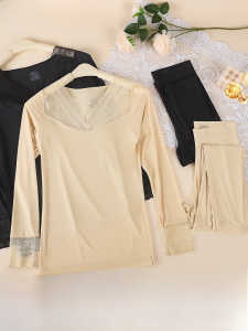 MiiOW | Ultra-Thin Long-Sleeve Lace Base Layer Set For Women V-Neck Soft Comfortable Warm Inner Wear Skin-Care Bottom Shirt And Pants