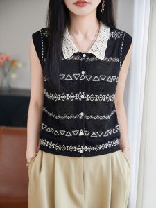 YUEXINYIRONG | Colorblock Floral Crochet POLO Neck Flared Sleeve Thin Loose Fit Slimming Womens Open Cardigan