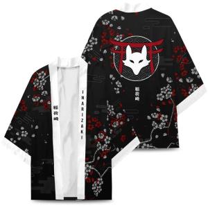 Men Japanese Style Fox Mask Kimono Cardigan Red Black Sakura Print Open Front Three Quarter Sleeve Loose Women Haori Streetwear