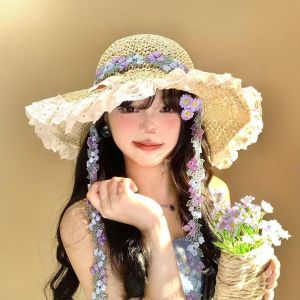 UV Protection Lace Tie Straw Bucket Hat for Women Small Flower Decor Sun Protective Woven Straw Hat for Beach Vacation Outdoor