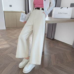 White Washed Cotton Work Pants Womens Spring Autumn High Waist Loose Straight Narrow Version Wide Leg Pants Casual Trousers