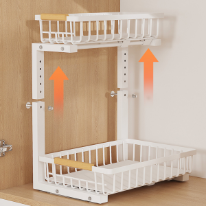 Kitchen Sink Pull out Rack Two Layers Spice Storage Cabinet Organizer L-Shaped Corner Shelf Adjustable Height Carbon Steel