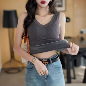 chaqi | Thickened Fleece Warm Vest Womens V-neck Inner Wear Summer New Style Heat Preservation Fashionable Top Commute Style Pure Color