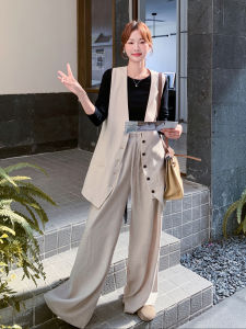 Elegant Casual Womens Suit Vest Set Three Pieces Inner Wide Leg Pants Autumn New Style Fashionable Comfortable Polyester Fiber