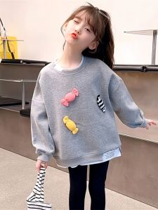 Gray Long Sleeve Shirt New Style for Little Girls Spring Autumn Casual Wear Children Mid-Length Top No Brand Registered Trademark