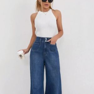Trendy Womens Jeans Baggy Jeans Wide Pants High Waist Loose Fit Two Button Solid Color Wide Leg Denim Trousers For Ladies