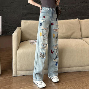 Quần Jeans Denim Ống Rộng Ôm Dáng Cạp Cao Mùa Hè Thiết Kế Lỗ Quần Dài Đến Sàn Cho Nữ Quần Dài Thường Ngày