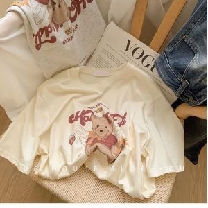 Modale Bear Letter Print Short Sleeve T-Shirt Women Summer Casual Loose Versatile Base Layer Top Korean Style round Neck