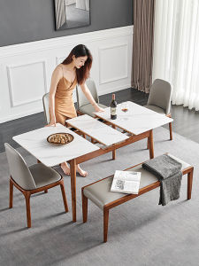 Scandinavian Stone Plate Retractable Dining Table For Home Small Apartment Multi-Functional Walnut Solid Wood Stretch Foldable Rectangular Dining Table