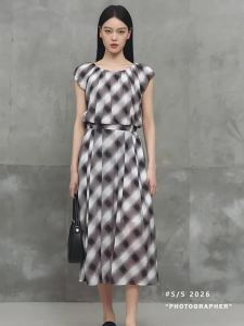 3COLOUR·S | Summer New Plaid Round Collar A-Line Long Dress