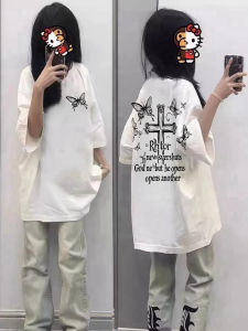 Retro American Letter Cross Print Pure Cotton Short Sleeve T-Shirt Womens Summer Loose Half Sleeve Top Street Style round Neck