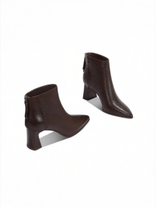 Slender High Heels Short Boots Zipper Simple Pointed Brown Leather