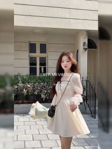 beige dress korean style mini french long sleeve dress plus size fairy button down challis semi formal dress for women