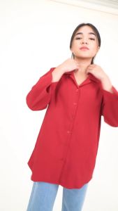 Forest Ladies Woven 3/4 Sleeve Lapel Button Up Textured Shirt | Baju Perempuan - 822320