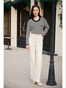 Spring Loose Straight-leg Beige Texture Denim Pants