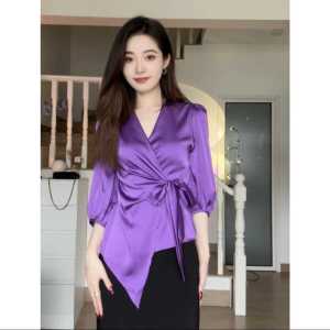 Cherry Blossom Color High Waist Slim Fit V-Neck Shirt Fashionable Pure Color Korean Style Bubble Sleeve Long Sleeve Top