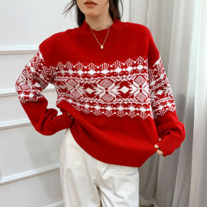 French Christmas Atmosphere Red New Year Sweater Women Heavy Embroidery Design Commute Loose Fit Long Sleeve Winter Fashion