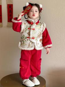 Girls New Years Traditional Chinese Costume Thickened Fleece Winter Childrens Clothing Long Sleeve Flag Robe for Kids