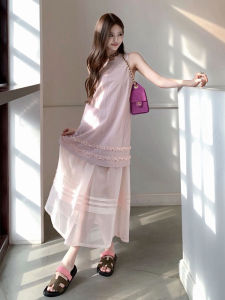 Karrar betsey | Gentle Sophisticated Pink Sleeveless Vest Dress Mesh Spliced Long Skirt